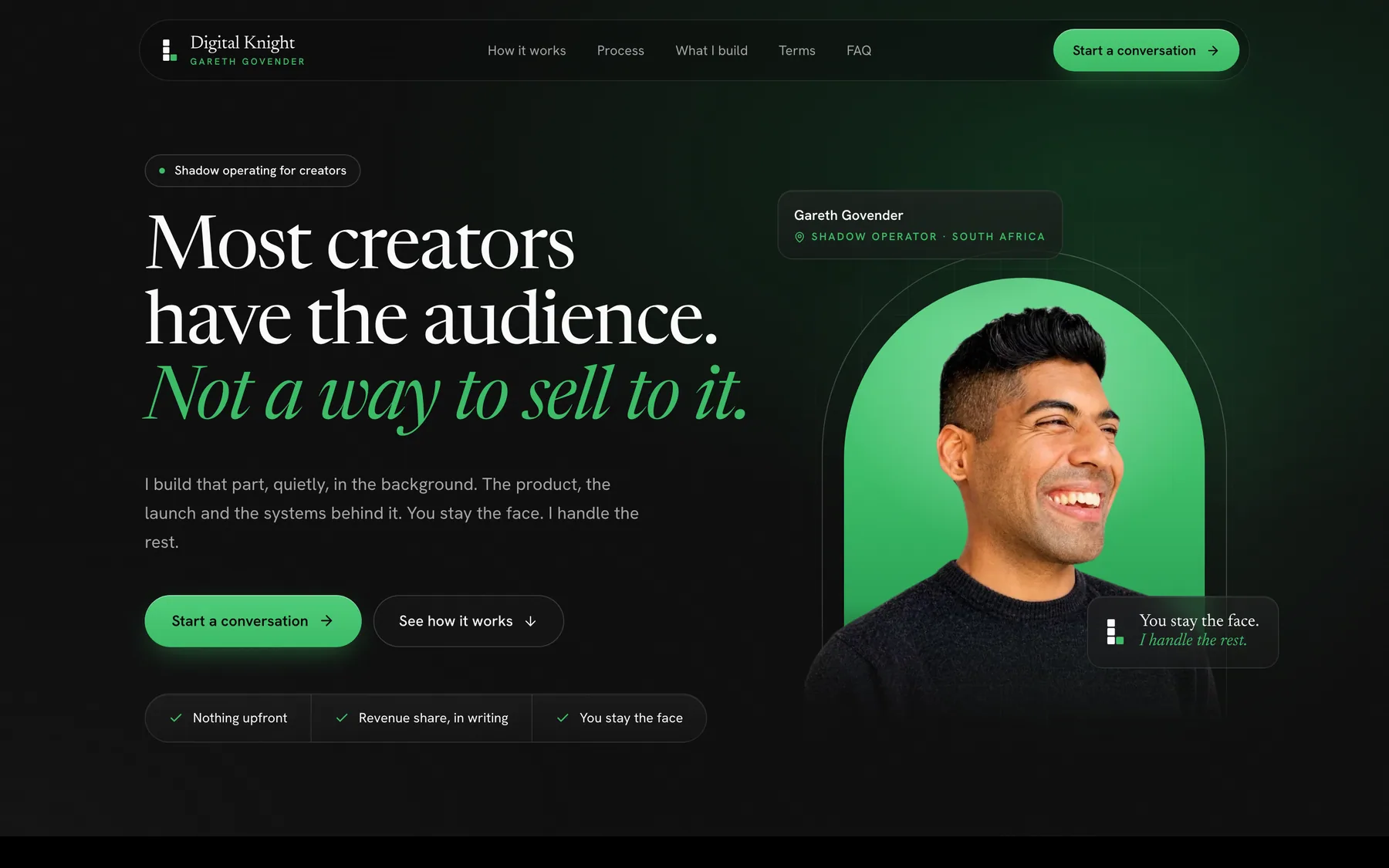Website built for Digital Knight, Gareth Govender’s shadow operating studio