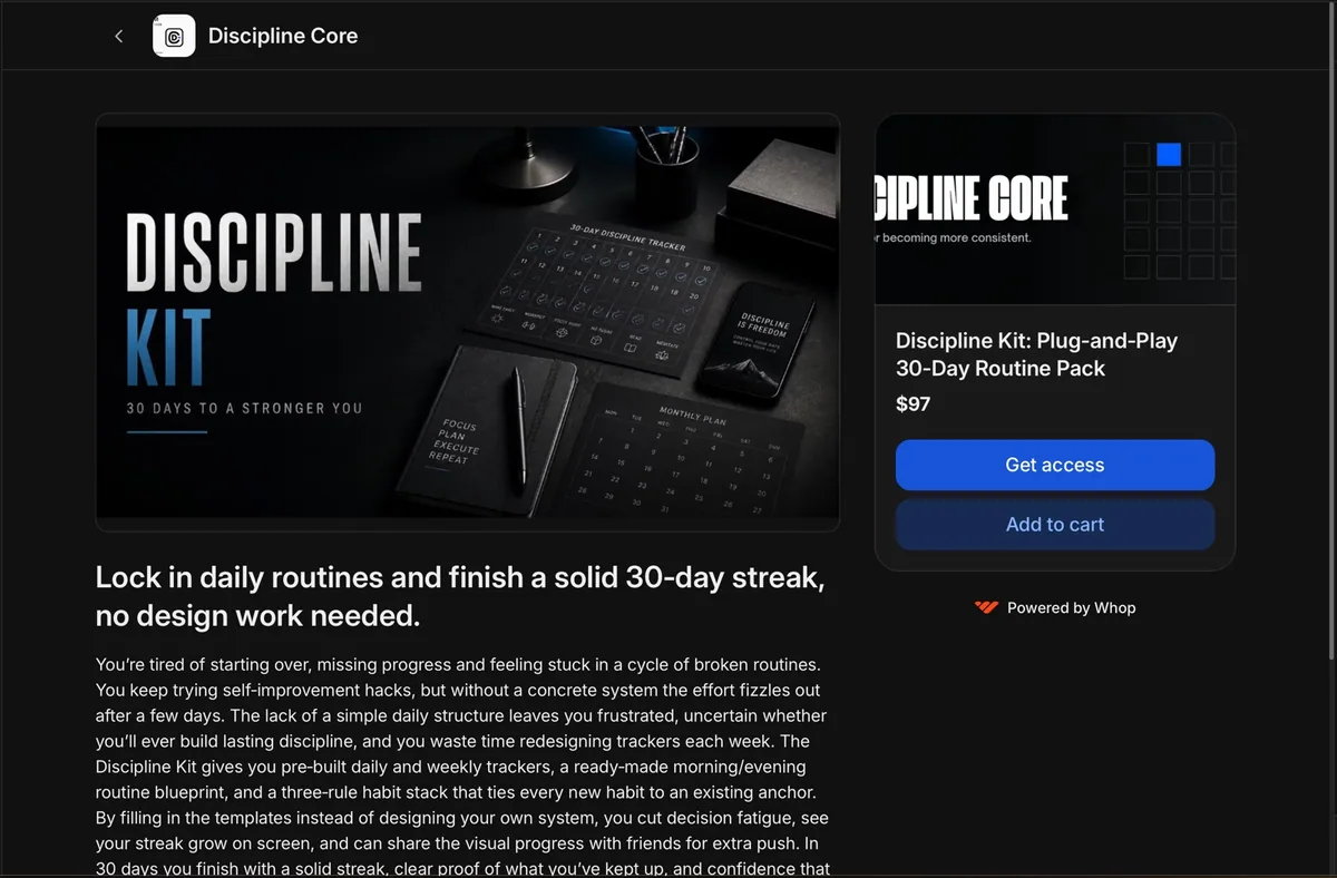 Whop checkout page of the Discipline Kit, a 30-day routine pack built for a client