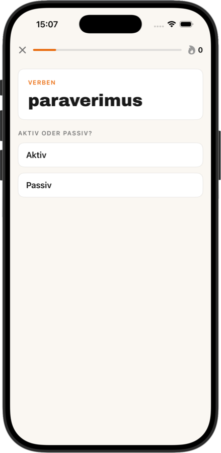The app on an iPhone: the verb form paraverimus is being identified, asking whether it is active or passive