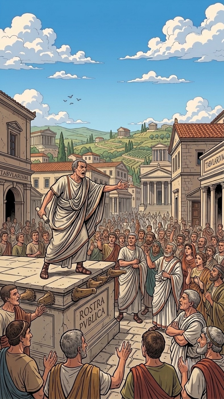 Illustration of a Roman orator in front of an audience