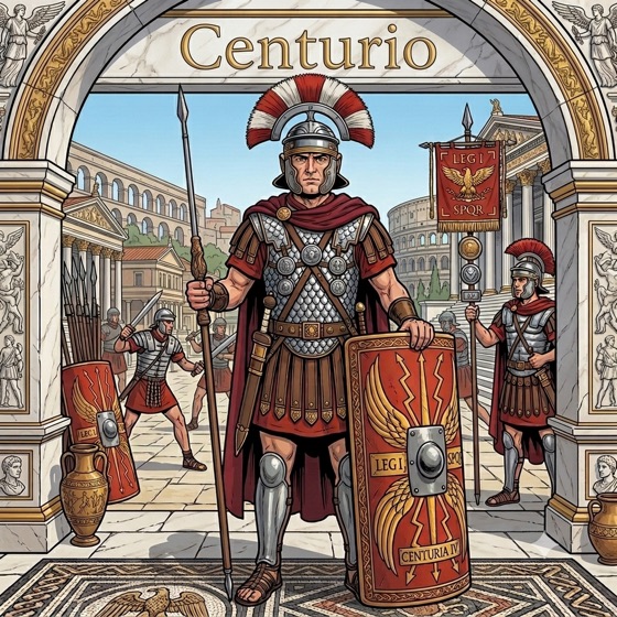 Illustration for the Centurio rank: a centurion with a crested helmet and shield