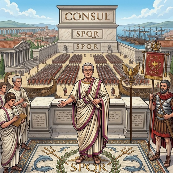 Illustration for the Consul rank: a consul with lictors