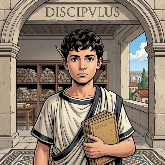 Illustration for the Discipulus rank: a student with scrolls in a Roman library