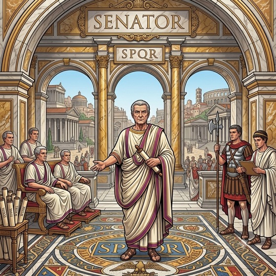 Illustration for the Senator rank: a senator in a toga in front of the Curia