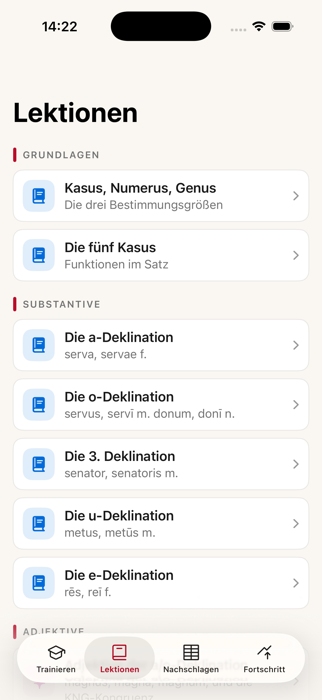 Lesson overview of the app, showing the Basics and Nouns units