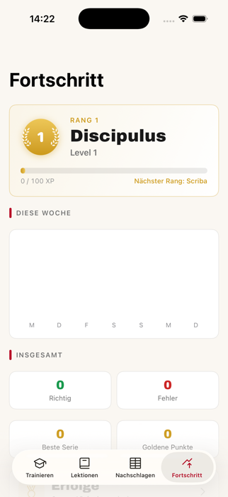 Progress view with rank, weekly overview and statistics