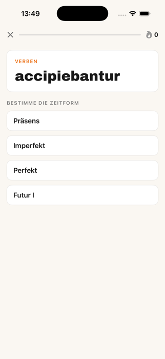 Quiz view of the app: the form accipiebantur is being identified step by step, currently the tense